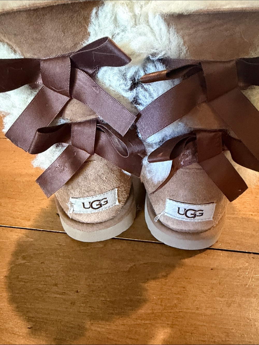 UGG Kids Chestnut Suede Boots with Brown Satin Bows